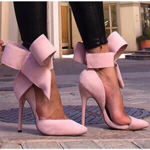 Aminah Abdul Jillil Size 11‎ Pink Suede Bow Pumps Stiletto Heels Pointed Toe